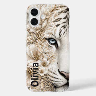 Funda iPhone 16 Plus Arte Floral de Tigre Blanco con Ojos Azules