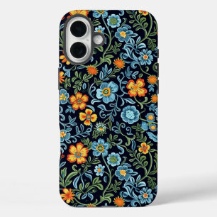 Funda iPhone 16 Plus Arte floral intrincado: flores azules y naranjas