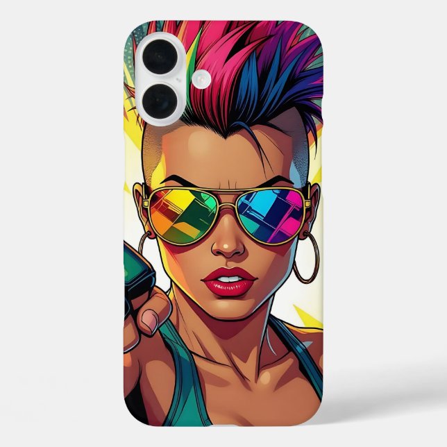 Funda iPhone 16 Plus Arte pop de la lesbiana LGBT Mohawk Uppercut (Reverso )
