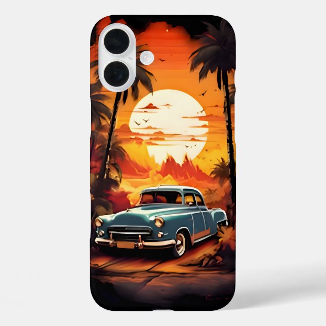 Funda iPhone 16 Plus Atardecer de coches de época: regalo para los aman (Reverso )