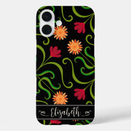 Funda iPhone 16 Plus Audaz Damask Floral Sunflower Boho Black Folk Art