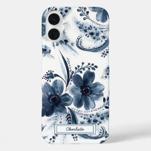 Funda iPhone 16 Plus Azul acuarela florece