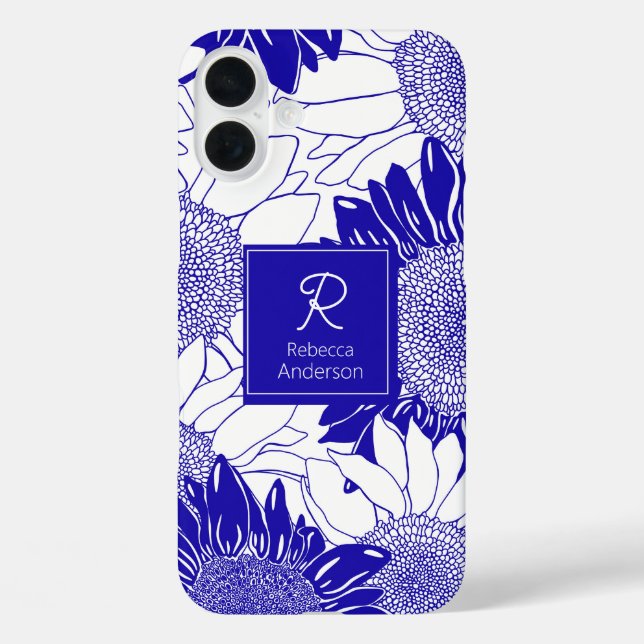 Funda iPhone 16 Plus Azul Y Blanco De Girasol personalizado (Reverso )