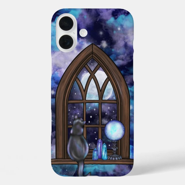 FUNDA iPhone 16 PLUS AZUL Y PURPLE GOTHIC HALLOWEWINDOW Y CAT (Reverso )