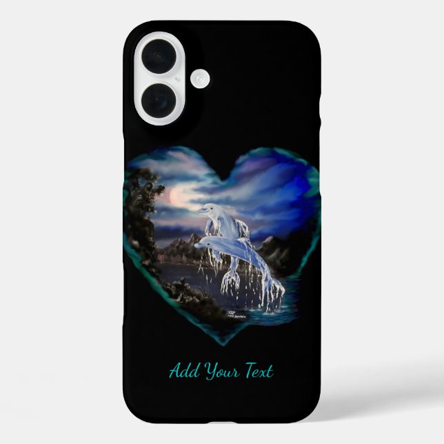 Funda iPhone 16 Plus Bahía por la noche, Dolphin Love , agrega tu texto (Reverso )
