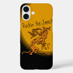 Funda iPhone 16 Plus Bailando con notas flotantes al músico Kokopelli