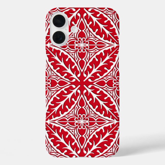 Funda iPhone 16 Plus Baldosas marroquíes - rojo oscuro y blanco (Reverso )