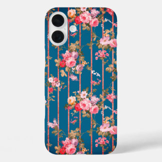 Funda iPhone 16 Plus Bandas doradas de rosa floral rosa rosa azul marin