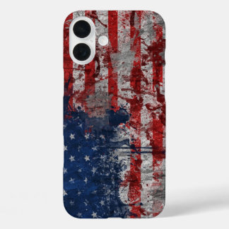 Funda iPhone 16 Plus Bandera estadounidense pintada en un muro oscuro