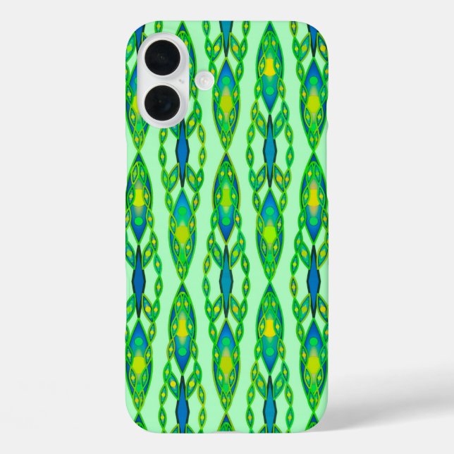 Funda iPhone 16 Plus Batik tribal - Moneda, verde esmeralda y azul (Reverso )