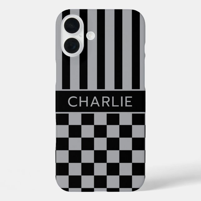 Funda iPhone 16 Plus Black and Gray Checkered Striped Personalized (Reverso )