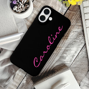 Funda iPhone 16 Plus Black Hot Pink Modern Script Name