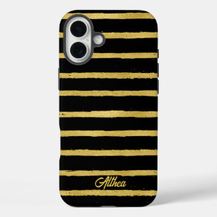Funda iPhone 16 Plus Black y Gold Striped modernos