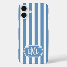 Funda iPhone 16 Plus Blue and White Monogrammed Stripes
