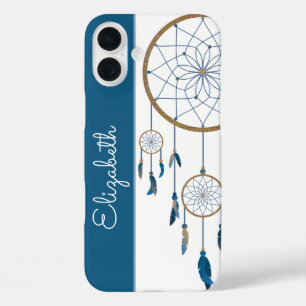 Funda iPhone 16 Plus Blue Feathers Dreamcatcher Custom Name Boho