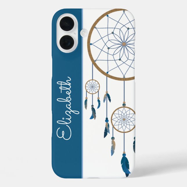 Funda iPhone 16 Plus Blue Feathers Dreamcatcher Custom Name Boho (Reverso )