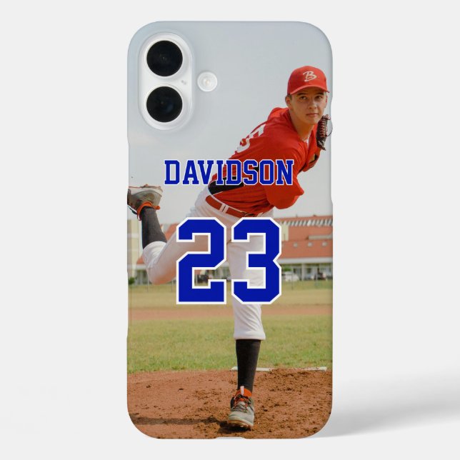 Funda iPhone 16 Plus Blue Text Photo Name Jersey Number Custom (Reverso )