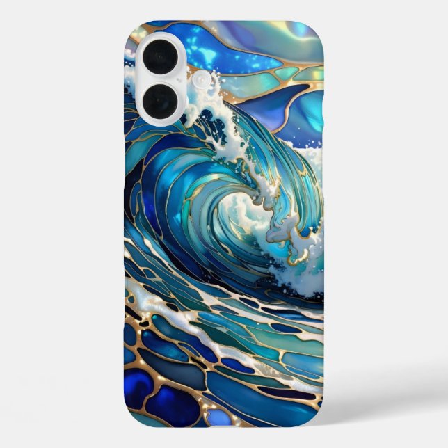 Funda iPhone 16 Plus Blue Wave Stained Glass iPhone Case Ocean Design (Reverso )