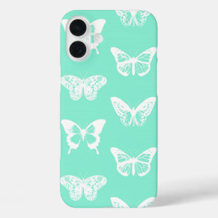 Funda iPhone 16 Plus Boceto de mariposa, aqua y blanco