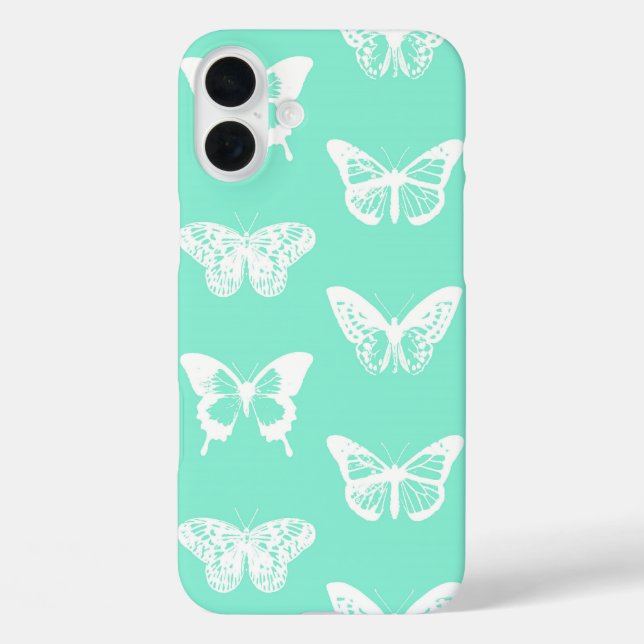 Funda iPhone 16 Plus Boceto de mariposa, aqua y blanco (Reverso )