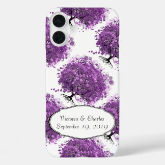 Funda iPhone 16 Plus Boda de árbol de hojas de corazón púrpura radiante