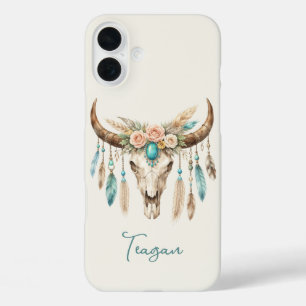 Funda iPhone 16 Plus Boho Chic Acuarela Floral Cráneo de Vaca