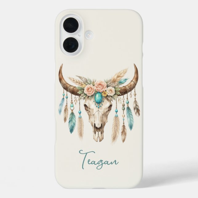 Funda iPhone 16 Plus Boho Chic Acuarela Floral Cráneo de Vaca (Reverso )