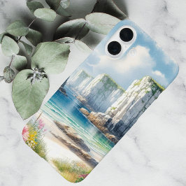 Funda iPhone 16 Plus Boho Coastal Cliffs Wildflower Beach Art