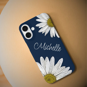 Funda iPhone 16 Plus Boho Daisies Whimsical Botanical Navy Blue