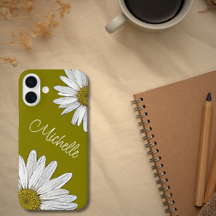 Funda iPhone 16 Plus Boho Daisies Whimsical Botanical Olive Green