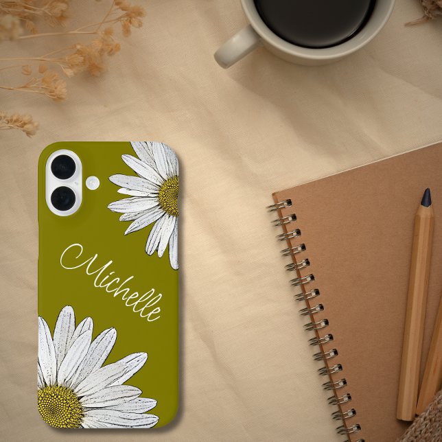 Funda iPhone 16 Plus Boho Daisies Whimsical Botanical Olive Green (Subido por el creador)