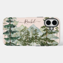 Funda iPhone 16 Plus Bosque de Pino en Acuarela y Montaña Rústica