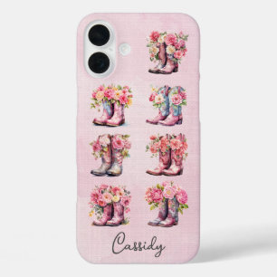 Funda iPhone 16 Plus Botas de vaquera rosas con flores monogramadas
