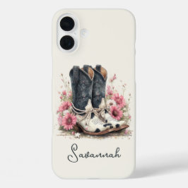 Funda iPhone 16 Plus Botas elegantes de cuero de vaca con flores monogr