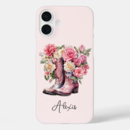 Funda iPhone 16 Plus Botas rosadas con flores monogramadas