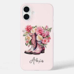 Funda iPhone 16 Plus Botas rosadas con flores monogramadas