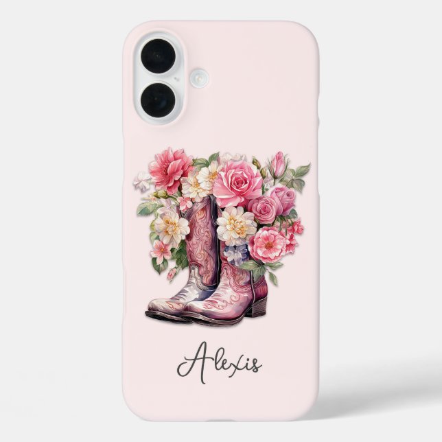 Funda iPhone 16 Plus Botas rosadas con flores monogramadas (Reverso )