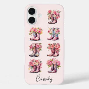 Funda iPhone 16 Plus Botas Rosadas de Vaquera con Flores Monogramadas