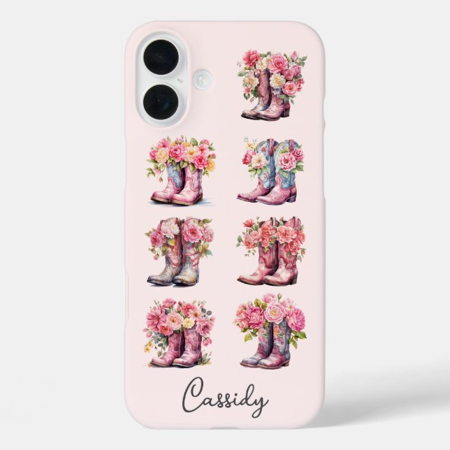 Funda iPhone 16 Plus Botas Rosadas de Vaquera con Flores Monogramadas (Reverso )