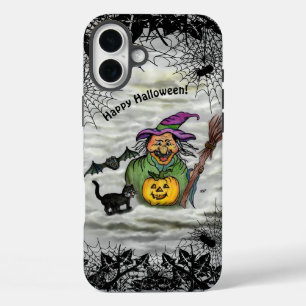 Funda iPhone 16 Plus Bruja, gato, murciélago y calabaza, ¡Feliz Hallowe