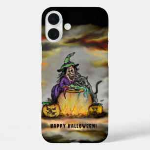 Funda iPhone 16 Plus Bruja y gato negro, ¡Feliz Halloween!