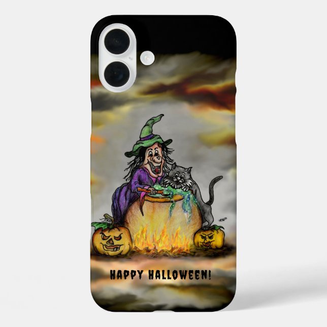 Funda iPhone 16 Plus Bruja y gato negro, ¡Feliz Halloween! (Reverso )