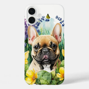 FUNDA iPhone 16 PLUS BULLDOG FRANCÉS ADORABLE CON FLORES SILVESTRE