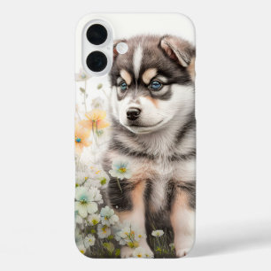 FUNDA iPhone 16 PLUS CACHORRO DE PERRO HUSKY SIBERIANO ADORABLE EN FLOR