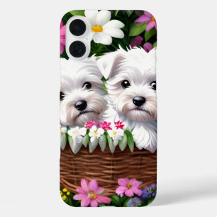 Funda iPhone 16 Plus Cachorro guanero en cesta de flores