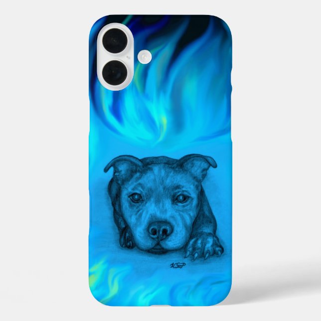 Funda iPhone 16 Plus Cachorro Staffy Azul (Reverso )