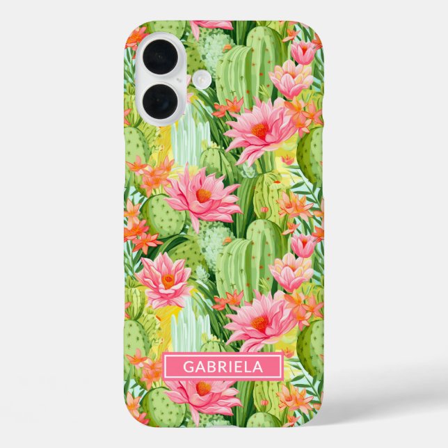 Funda iPhone 16 Plus Cactus Personalizados con Acuarela Florecida (Reverso )
