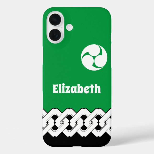 Funda iPhone 16 Plus Cadena japonesa verde y patrón espiral (Reverso )