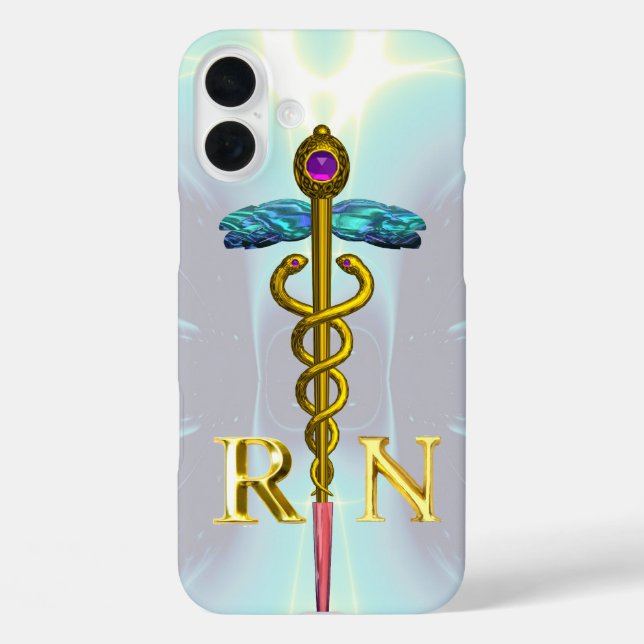 Funda iPhone 16 Plus CADUCEUS ORO REGISTRADO ENFERMERO SÍMBOLO Luz Azul (Reverso )
