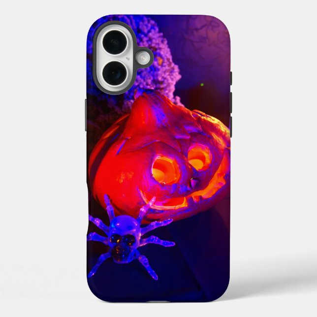 Funda iPhone 16 Plus Calabazas de Halloween de neón (Reverso )